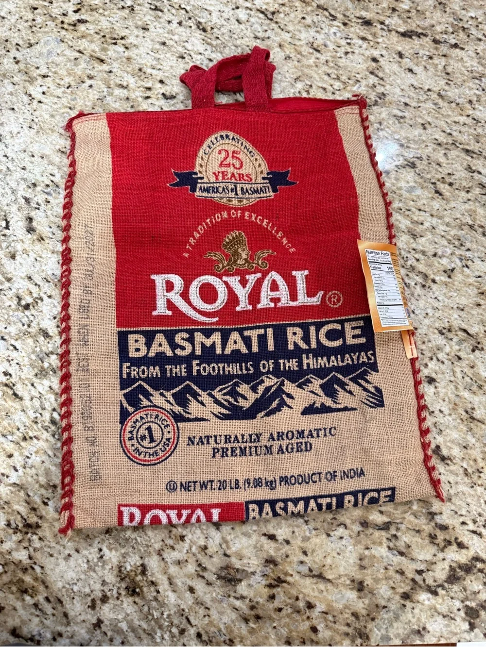 Fun Novelty Upcycled Royal Basmati Rice Burlap Tote Bag w Zipper Closure